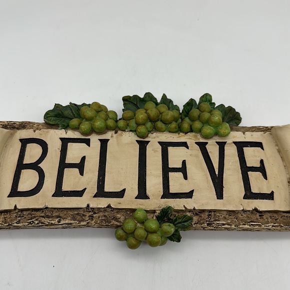 Believe Resin Molded Wall Art w/Scrolling Black Metal & 3D Grapes/Scrolled Sign - Picture 6 of 8